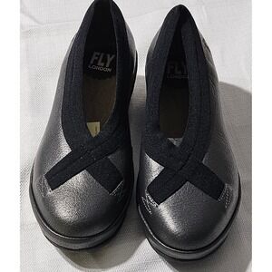 Fly London Bobi Graphite Leather Ballet Wedges Mary Jane Comfort Womens EU 35